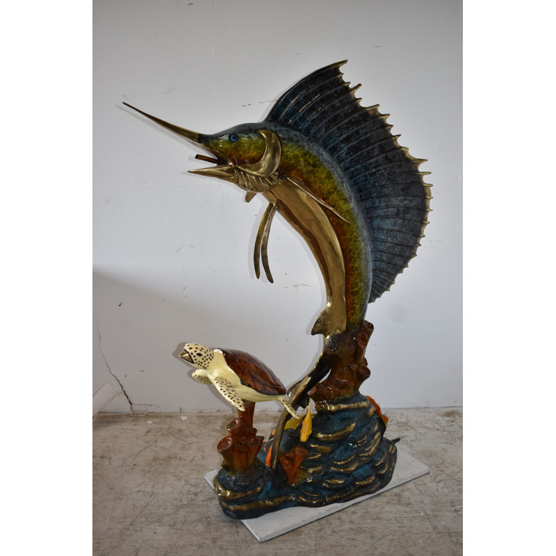 Statue voilier Bianka et une grande tortue de mer, taille: 47 po x 29 po x H 68 po