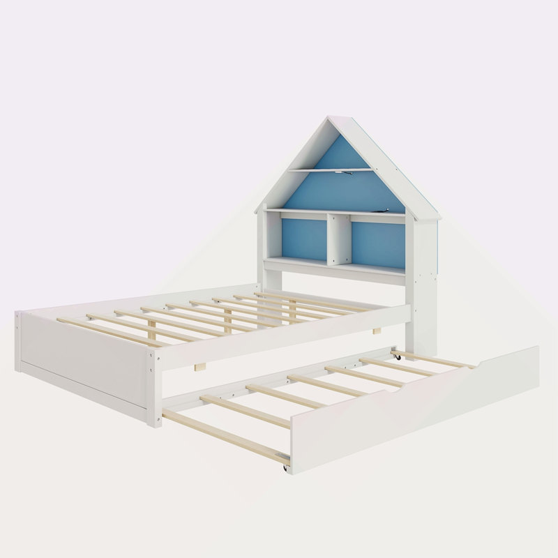Lit double en forme de maison avec tête de lit bibliothèque et lit à DEL avec lit gigogne simple pour enfants garçons filles