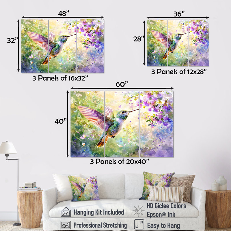 Ensemble de salon avec colibris Curious Meadows II - Hummingbird Wall Art, H 40 po x l 60 po, Toile tendue, Ne s’applique pas