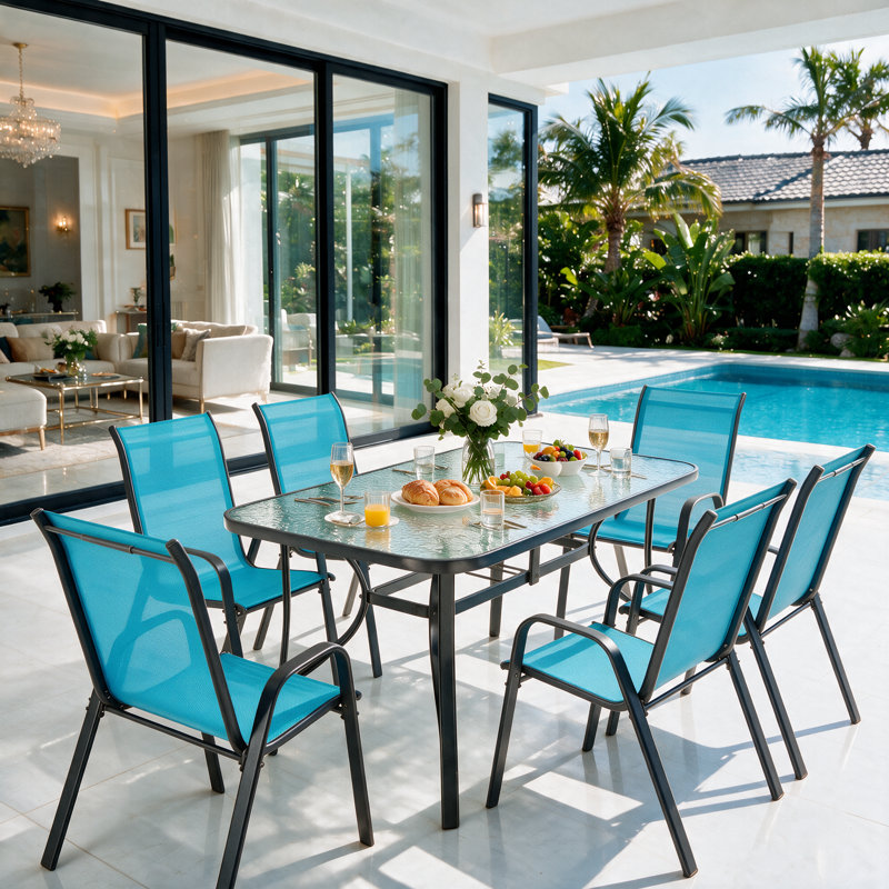 Chaises de patio empilables, tissu Textilène durable avec accoudoirs, cadre en métal robuste, chaises de salle à manger d'extérieur ergonomiques à séchage rapide pour la cour arrière et le bord de la piscine (bleu ciel, 6 pièces)