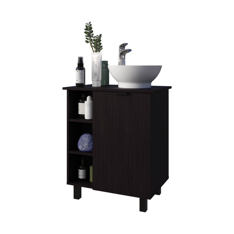 Meuble-lavabo de salle de bain avec 8 tablettes de rangement et une seule porte, finition pour une ambiance chaleureuse et élégante, 4 piliers aux pieds