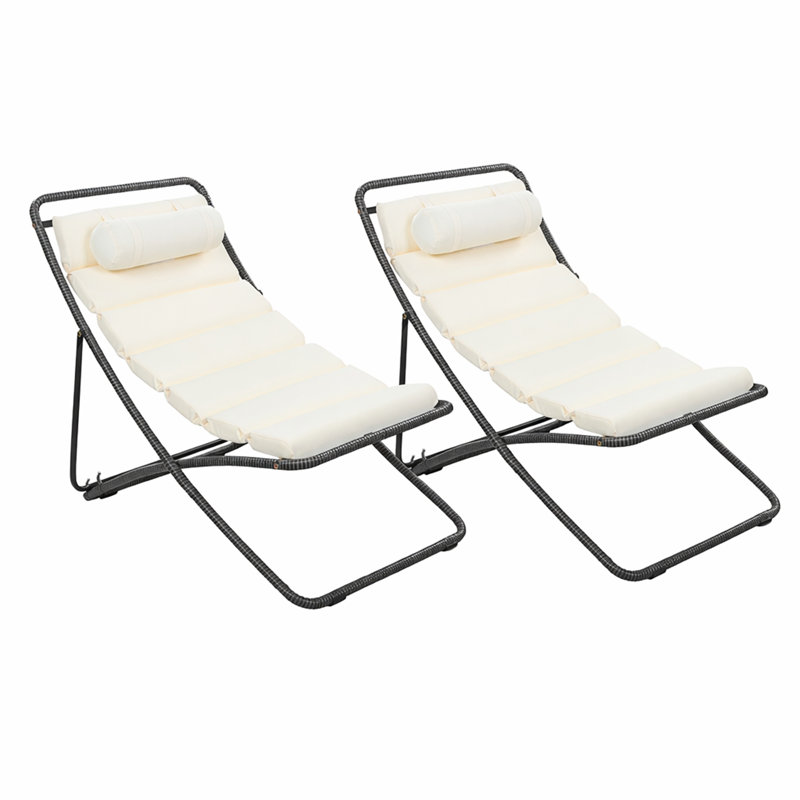 Chaises pliantes d'extérieur 2 pièces avec structure en rotin, dossier réglable, coussin épais et appui-tête amovible