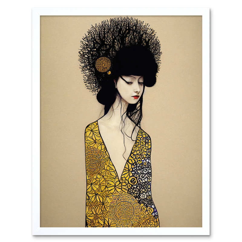 Goddess Gold Black Klimt Style Robe - Print, White Framed Paper, 25.9cm H x 20.6cm W x 1.5cm D