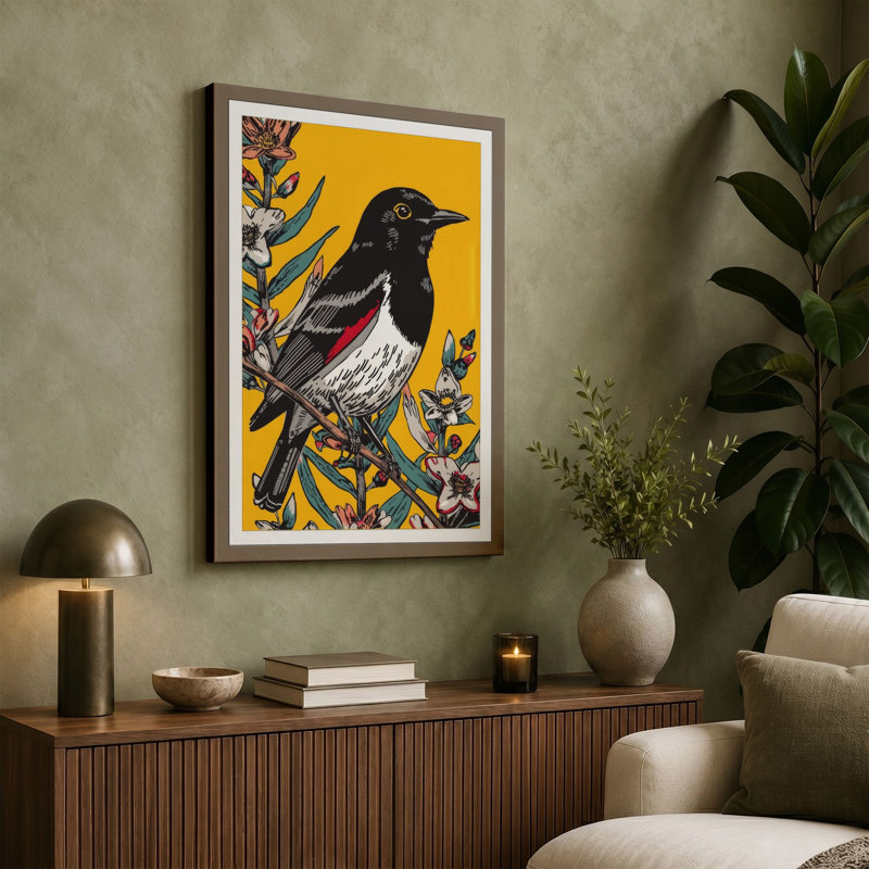 Perched Cardinal Botanical - Wrapped Canvas, 36x24 - 91.4 x 61.0 cm, Taupe Border