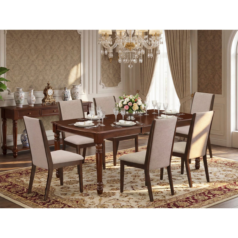 7 Piece Dining Table Set Consist of a Rectangle Dining Room Table with Butterfly Leaf and 6 Light Tan Linen Fabric Parsons Chairs, Mahogany