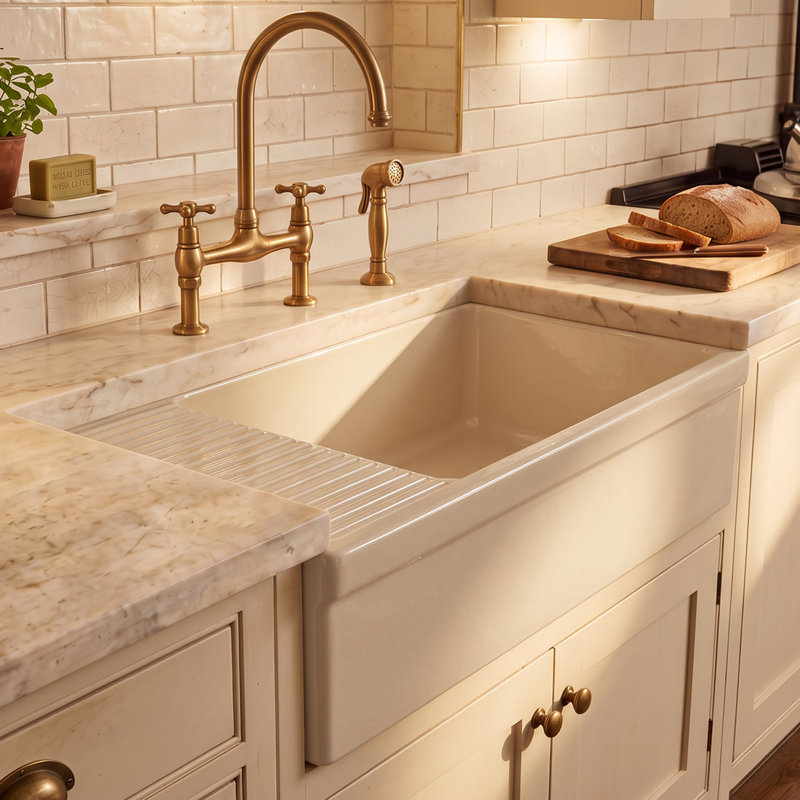 Fireclay Reversible Sink with Integral Drainboard and Decorative 2 ½" Lip on Both Sides, Glossy Biscuit