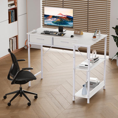 Bureau en forme de L avec prise de courant - 2 tiroirs, tablettes de rangement, crochet pour casque d'écoute - Table d'ordinateur peu encombrante pour bureau à domicile ou bureau - Blanc