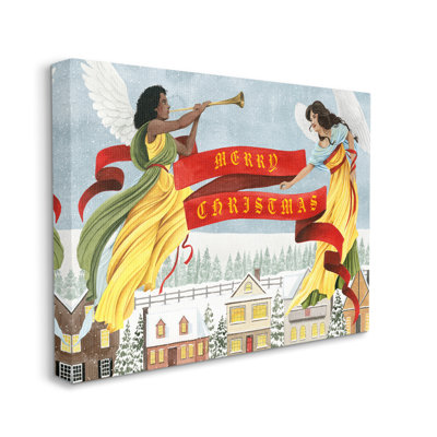 Bannière de Noël Herald Angels au-dessus de Wintery Town, impression numérique sur estampe numérique par Grace Popp