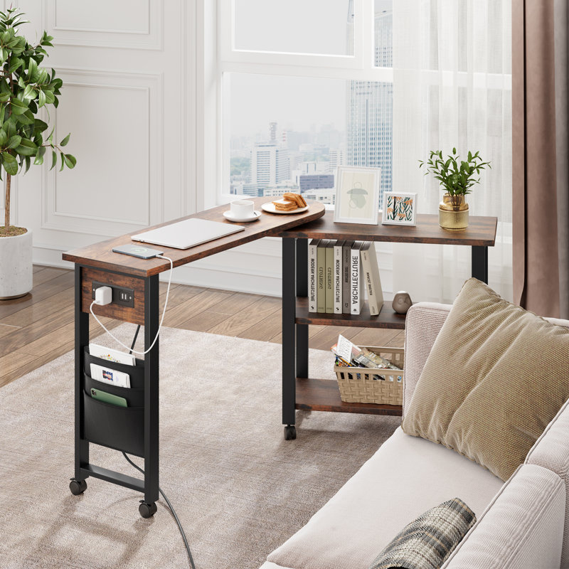 360° Rotating Sofa Side Table with Charging Station, 2-Tier End Table with Wheels, Hidden Storage Pocket, and Movable Laptop Desk