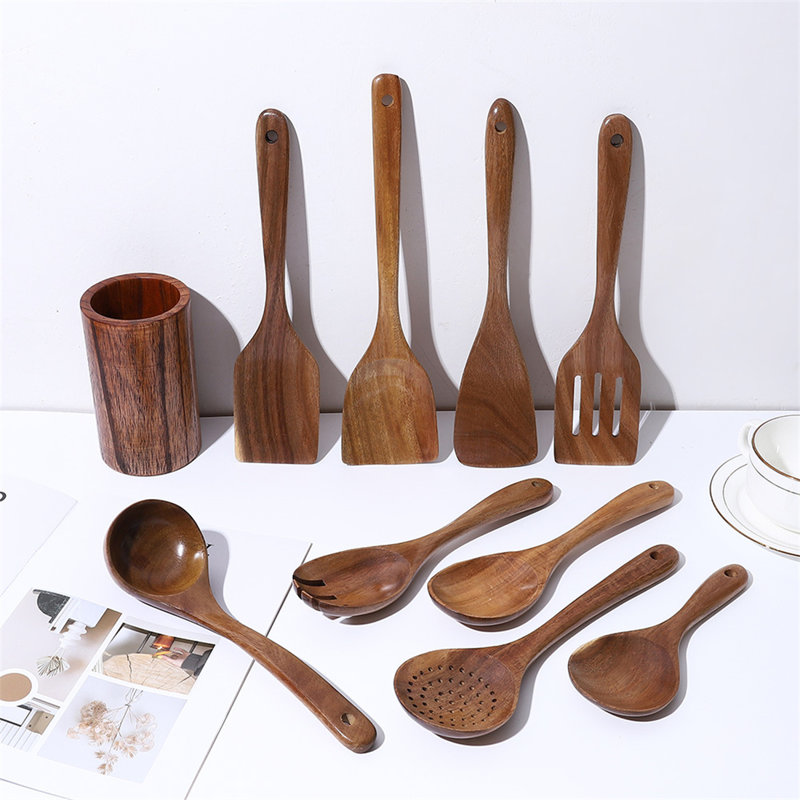 Ensemble d'ustensiles en bois 10 pièces pour la cuisine - Spatules, cuillères et pinces pour casseroles antiadhésives en bois d'acacia