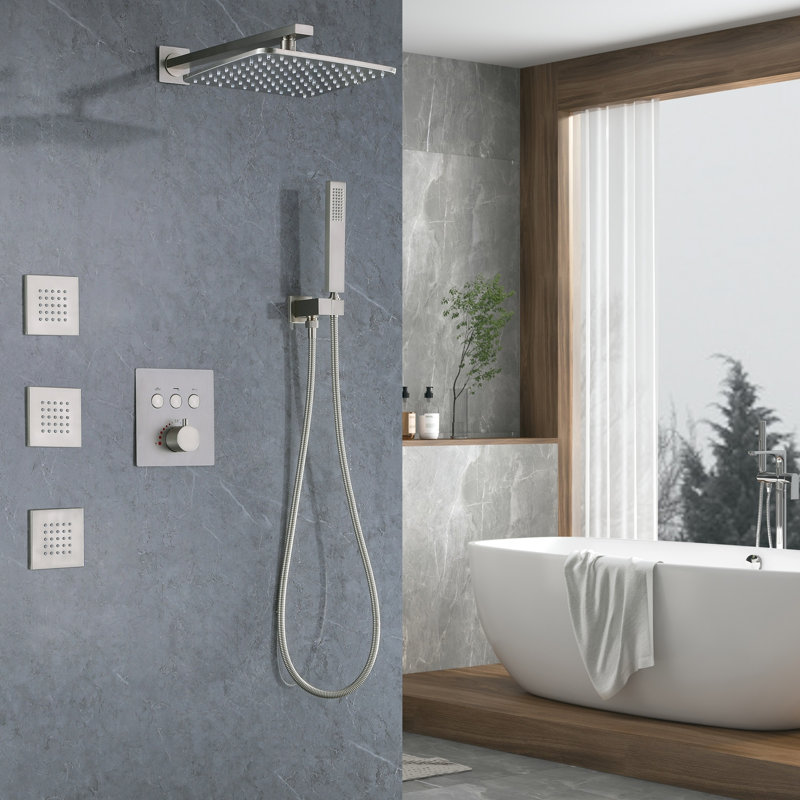 Thermostatic Shower Faucet Set 3-Function Wall Mounted Rain Shower System with Body Jets Recessed Wall Mounted Combo