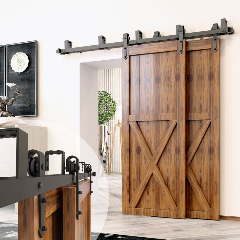 Ensemble de quincaillerie à deux portes à double rail noir avec motif de flèche noire rustique (porte non incluse), 132 po