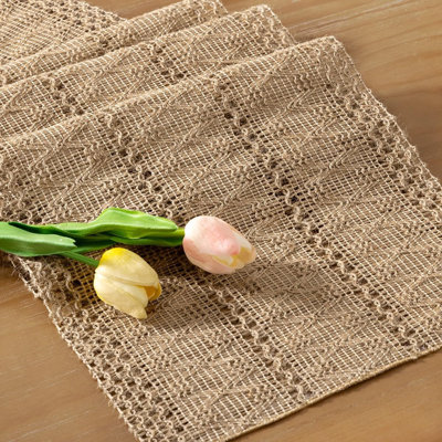 Chemin de table Boho - Naturel / Toile de jute - Motif rustique tissé en macramé pour la Saint-Valentin, la salle à manger, la cuisine, la table basse, la commode et la décoration intérieure