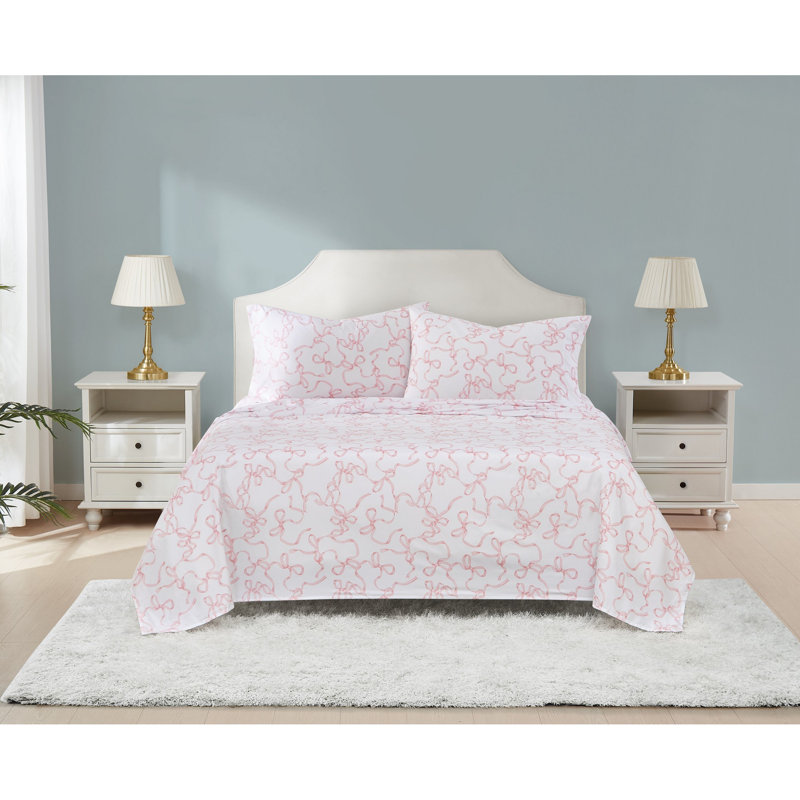 Truly Soft Printed Bow Sheet Sets, Full Sheet Set with 2 Pillowcases, Pink