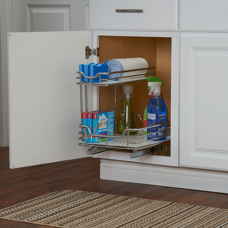 Glidez 2‑Tier Pull‑Out Storage Organizer for Under Sink or Cabinet Use with Removable PEVA Liners, Chrome - Lined