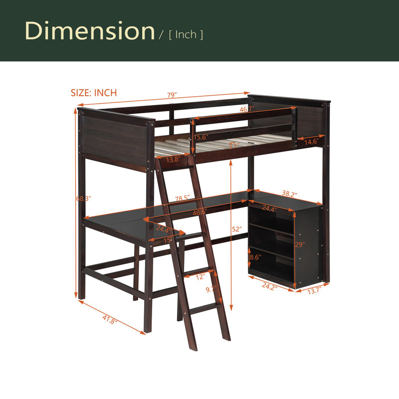 Twin Size Loft Bed With Shelves And Desk, Espresso