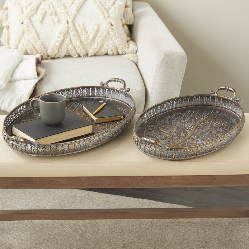 Cole And Grey Metal Ornate Oval Scroll Tray With Tree Patterned Interior