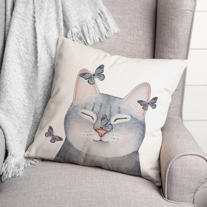 Coussin intérieur / extérieur Chat avec papillons, H 14 po x l 20 po, Rectangle