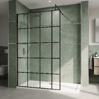 nuie 1100mm Matt Black Framed Wetroom Screen With Support Bar