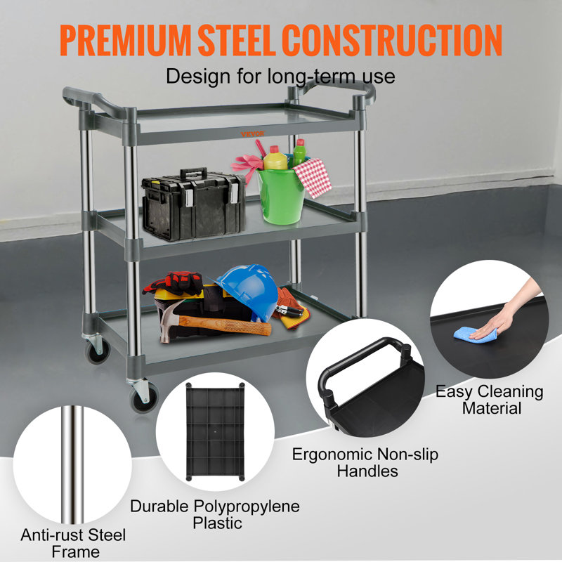 Gray 3-Shelf Heavy Duty Rolling Utility Cart with Lockable Wheels