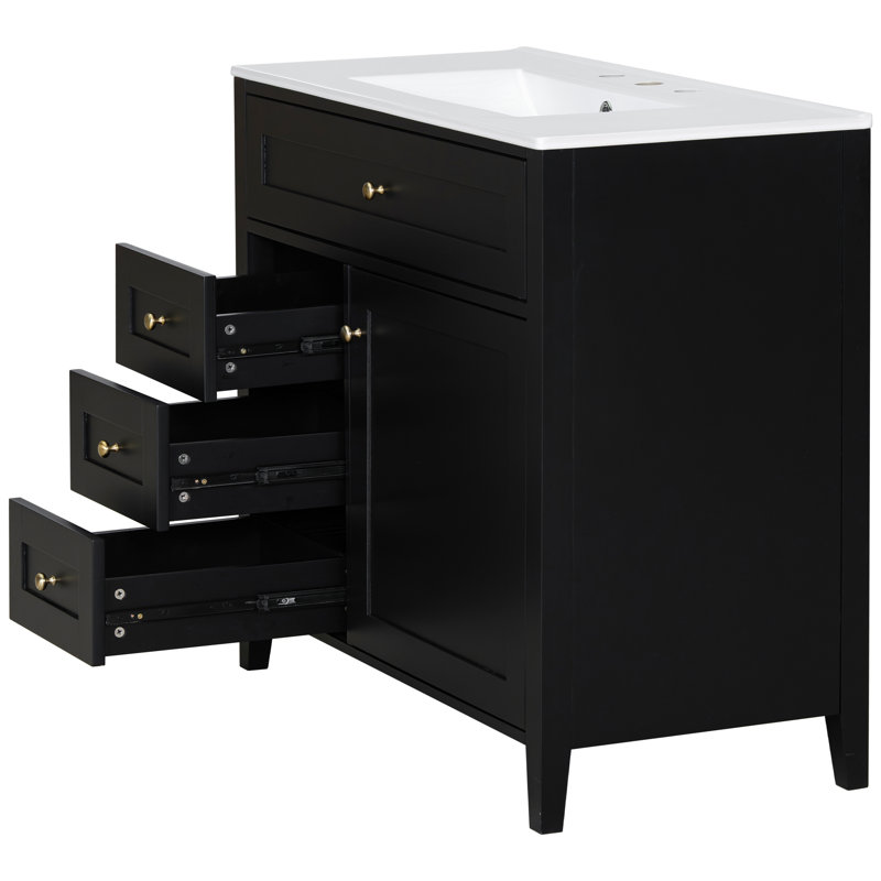 Meuble-lavabo noir 36 po avec lavabo, Noir et or