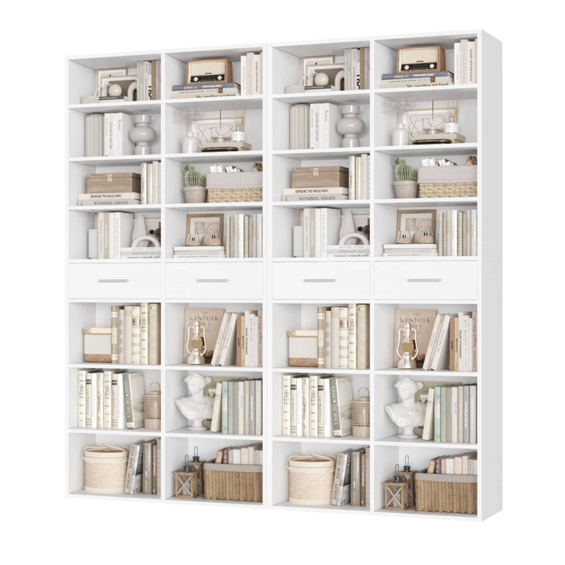 73"H X 63"W  Standard Bookcase, 8-Tier Bookcase, With 4 Drawers, White