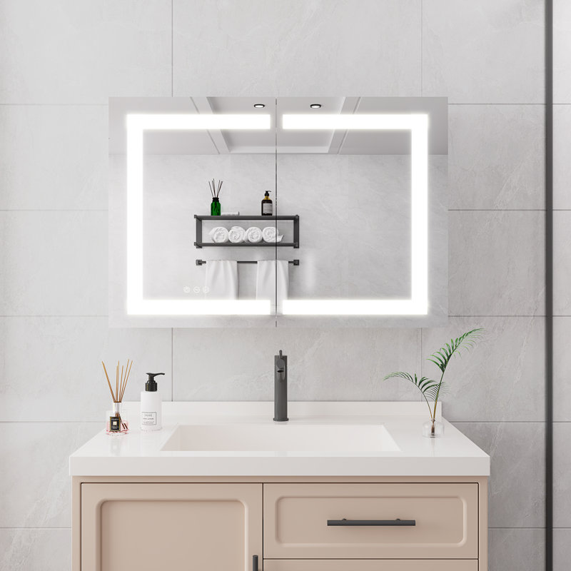 Armoire à pharmacie murale 36 po x 24 po avec miroir, portes doubles, désembueur, éclairage à intensité variable et tablettes intérieures
