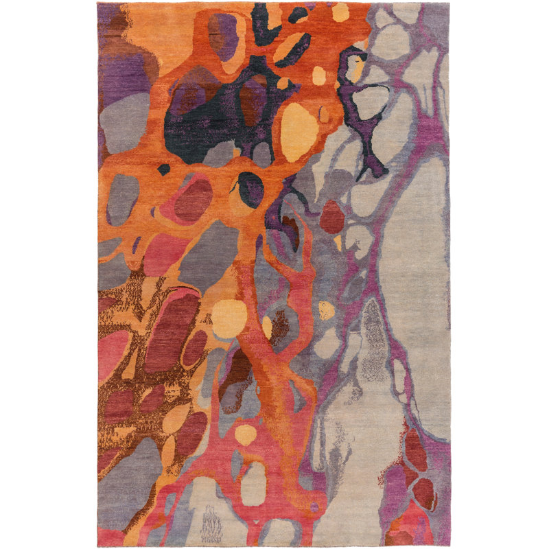 Lankin Wool Abstract Area Rug in Orange/Gray/Purple, Rectangle 9' x 13'