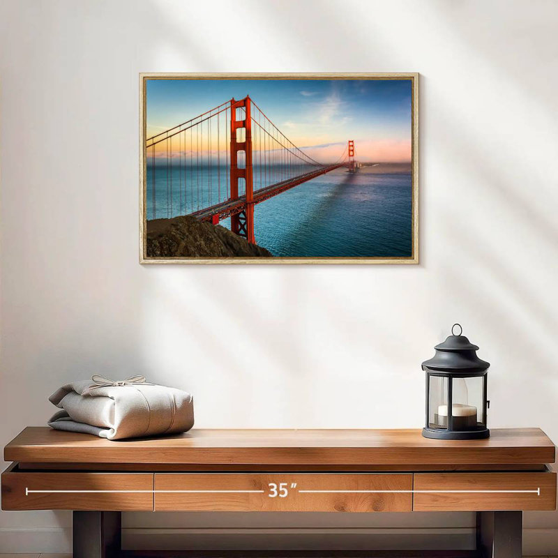 Golden Gate, lever de soleil sur l'océan, 19 po x 13 po, Cadre flottant en bois naturel