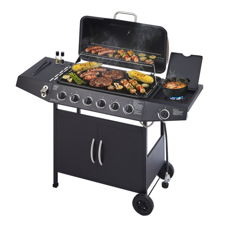 Barbecue 6 brûleurs avec 59 000 grilles émaillées et zone de réchaud pour les brûleurs de barbecue au gaz propane, tables d'appoint pour le patio