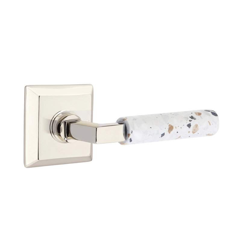 Mortaise intérieure Emtek Select avec rosette Quincy et tige carrée en L, levier Terrazzo clair, Nickel poli, Oui