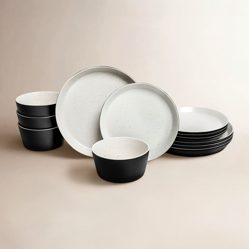 Service de vaisselle en grès noir / blanc Sango Stockholm - Service pour 4, ensemble d'assiettes et de bols