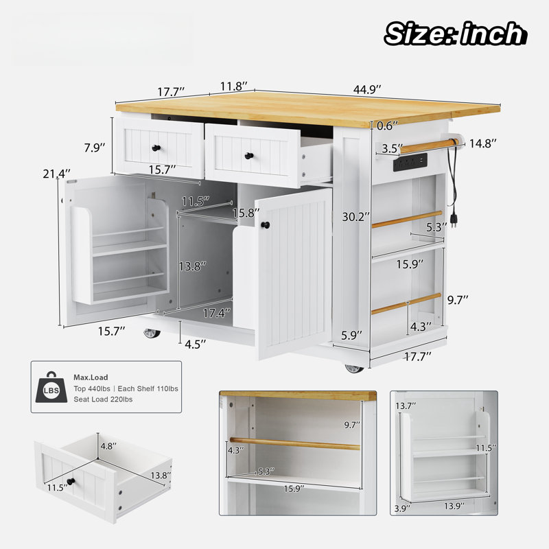 Large Rolling Kitchen Island With Drop Leaf, Power Outlet, Internal Storage Racks, 5 Open Side Racks, 2 Drawers, An Adjustable Shelf