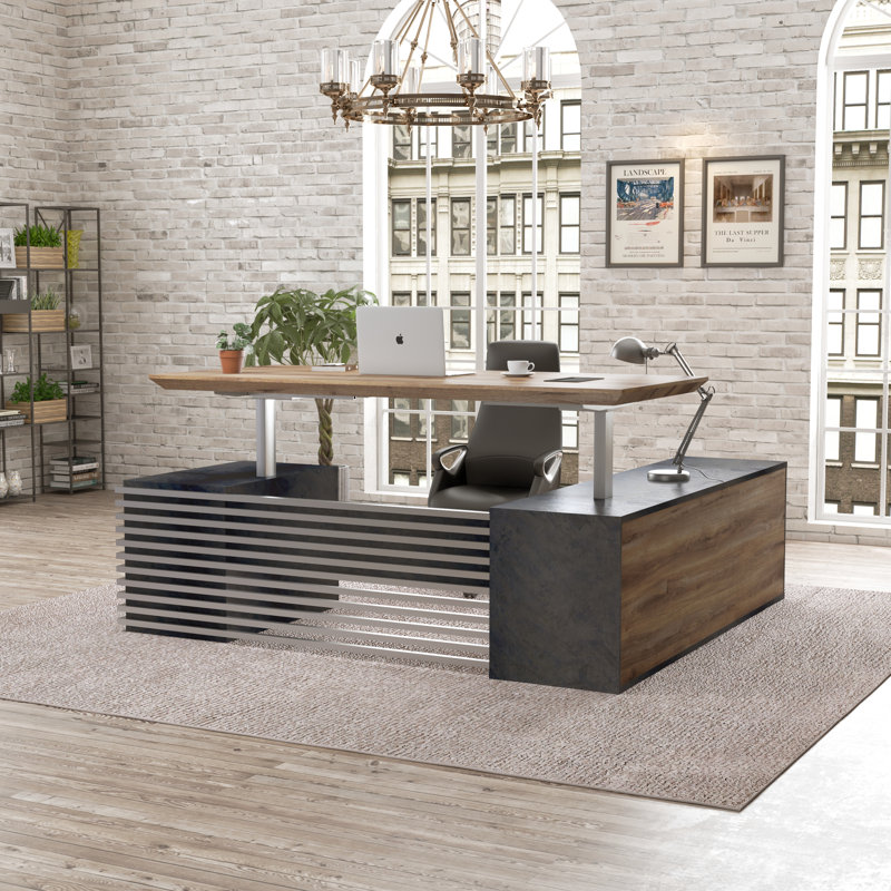 Bureau de direction 70,87 po en forme de L à double fonction réglable pour usage domestique et commercial avec tiroirs, gestion des câbles avec ports de charge universels, tube en acier inoxydable, chêne noir et chaleureux (retour à droite)