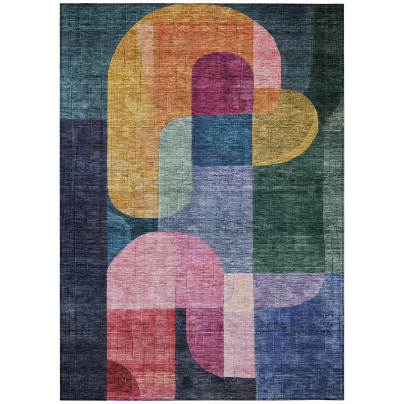 Tapis intérieur lavable abstrait 8 pi x 10 pi vert cuivre et rose