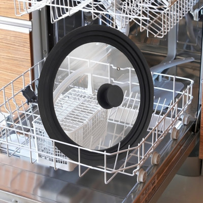 Lot de 2 couvercles universels en verre pour ustensiles de cuisine de 25 à 30 cm, couvercles en verre trempé avec rebord et bouton en silicone résistant à la chaleur, compatibles avec les casseroles, poêles et poêles à frire, noir