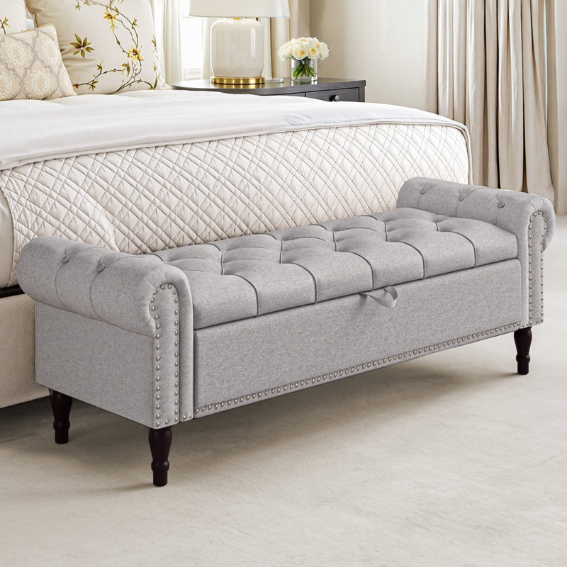 Banc de rangement rembourré Dawsey, H 20,7 po x l 62,4 po x P 20,1 po, Lin gris foncé
