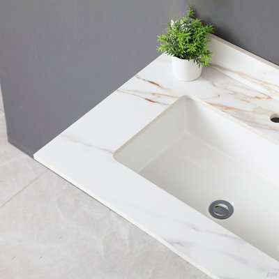 Comptoir de meuble-lavabo en marbre 31 po, comptoir de salle de bain avec lavabo central encastré rectangulaire et dosseret de 4 po de hauteur, comptoir pré-percé, blanc de Carrare avec veines