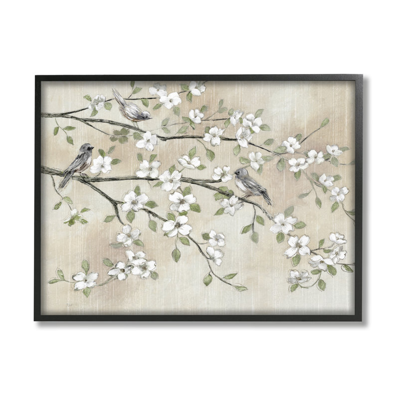 Branches de cerisier blanc traditionnel par Nan - Peinture, H 24 po x l 30 po x P 1,5 po, Giclée encadrée noir minuit