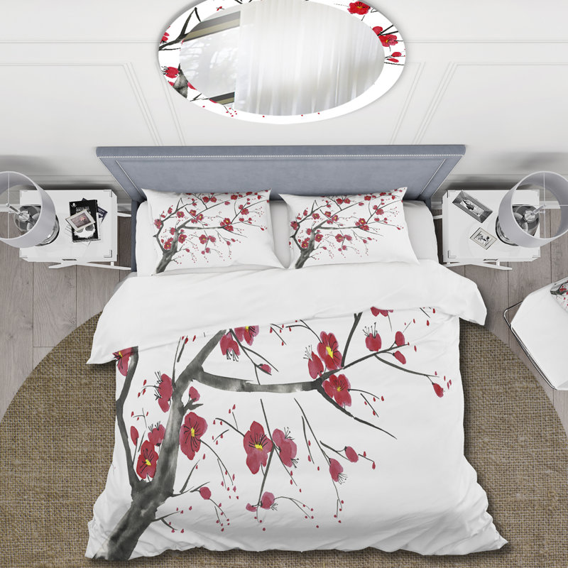 Blossoming Pink And Red Plum Flowers I - Traditional Duvet Cover Set - Microfiber Polyester