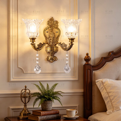 2-light Gold Wall Sconce – Floral Crystal Glass Shades