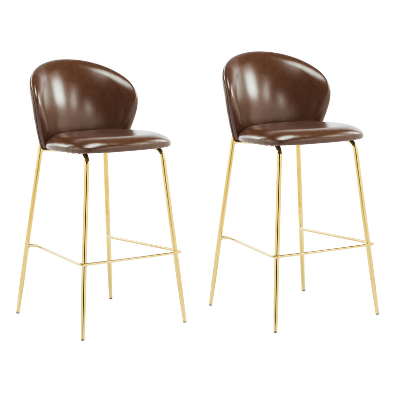 Tabouret de bar d'intérieur à hauteur réglable avec pieds dorés luxueux en similicuir brun foncé, parfait pour les bars à domicile