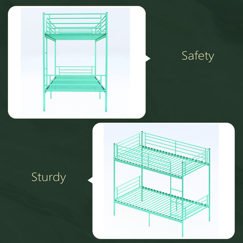 Bunk Bed With Ladder And High Guardrail, Able To Split, Metal Bunk Bed, Storage Space, Noise Free,Twin Over Twin Size, Green