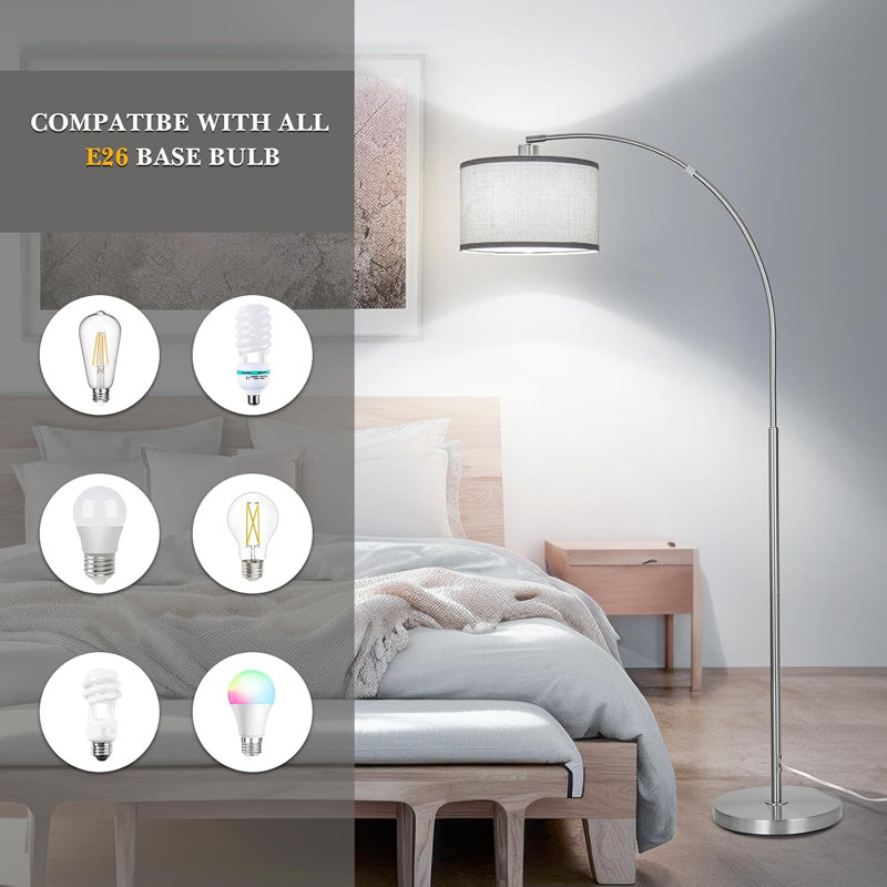 Arc Floor Lamps For Living Room,Modern Standing Lamp With Adjustable Drum Lampshade Tall Pole Lamp With Foot Switch Over Couch Arched Floor Light For Reading Bedroom 8W LED Bulb Included