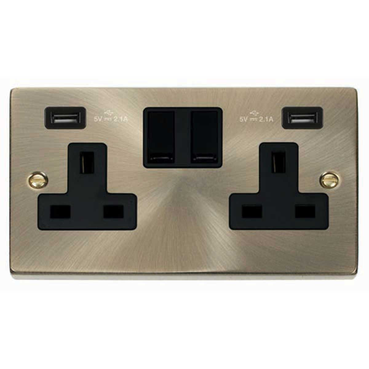 Symple Stuff Antique Brass 2 Gang 13A 2 USB Twin Double Switched Plug ...