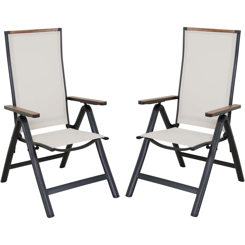 Set of 2 Folding Aluminium Garden Chairs with Armrests, 6-Position Adjustable High Back, Breathable Mesh Seat, Beige