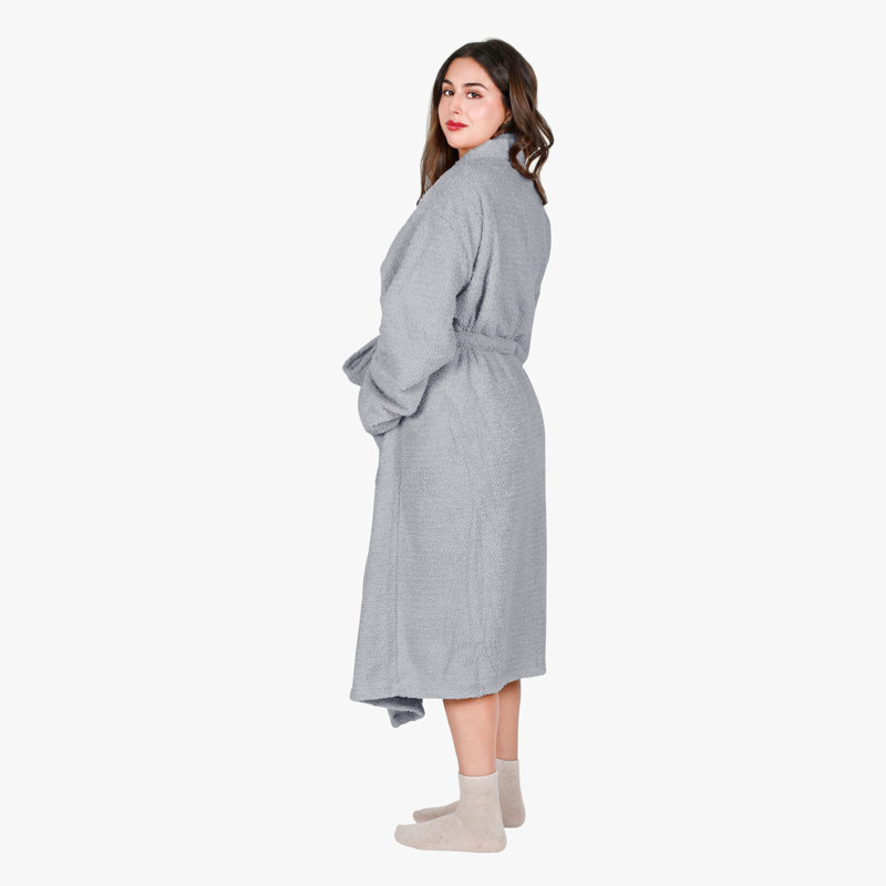 Medium Gray Plush Fleece Long Bathrobe with Pockets