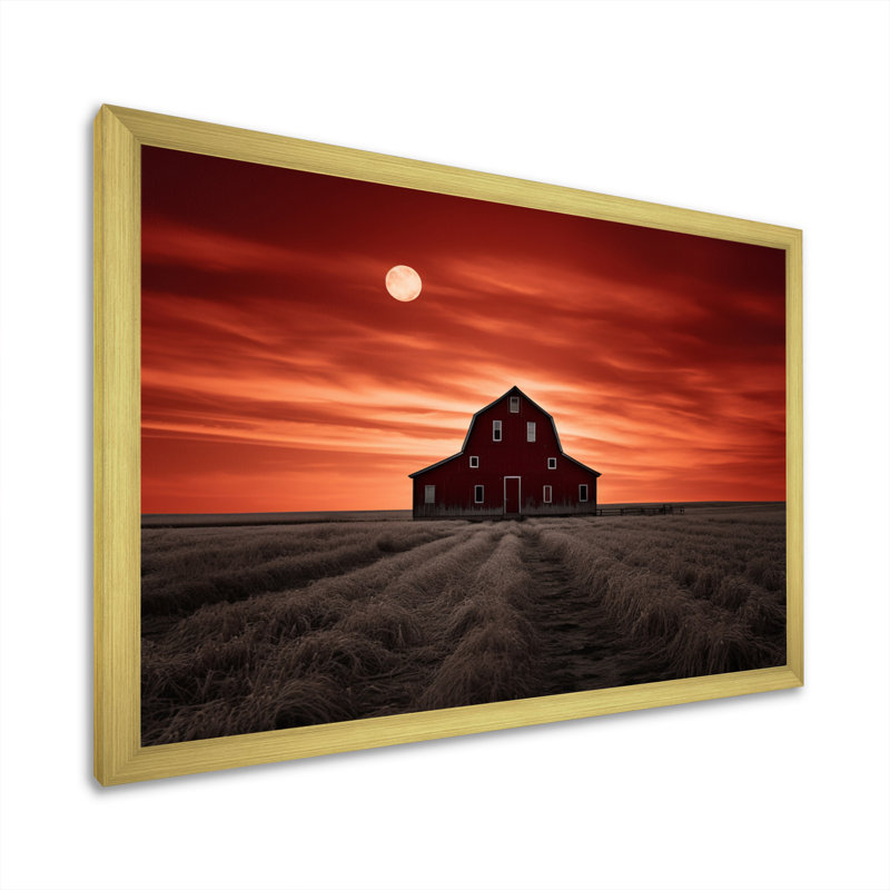 Paysage de grange au crépuscule III - reproduction, H 24 po x l 32 po x P 1 po, Encadrement doré