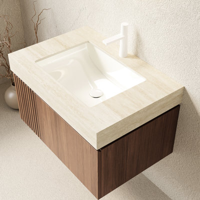 Meuble-lavabo suspendu de 76 cm (30 po) en contreplaqué avec tiroir et porte, comptoir en pierre frittée, lavabo en céramique, trou pré-percé pour robinetterie, glissières à fermeture amortie. Finition en pierre, rangement, chêne brun, système d'alimentation en eau, facile à installer.