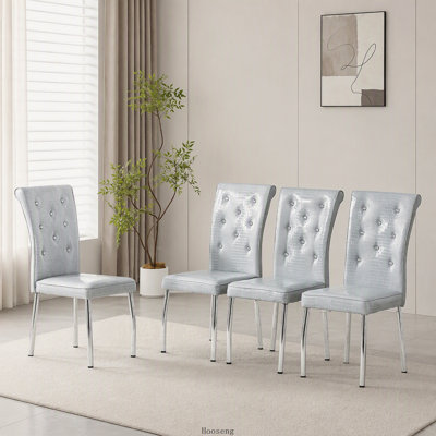 Ensemble de 4 chaises de salle à manger rembourrées en cuir de crocodile beige et doré avec fermoir en cristal